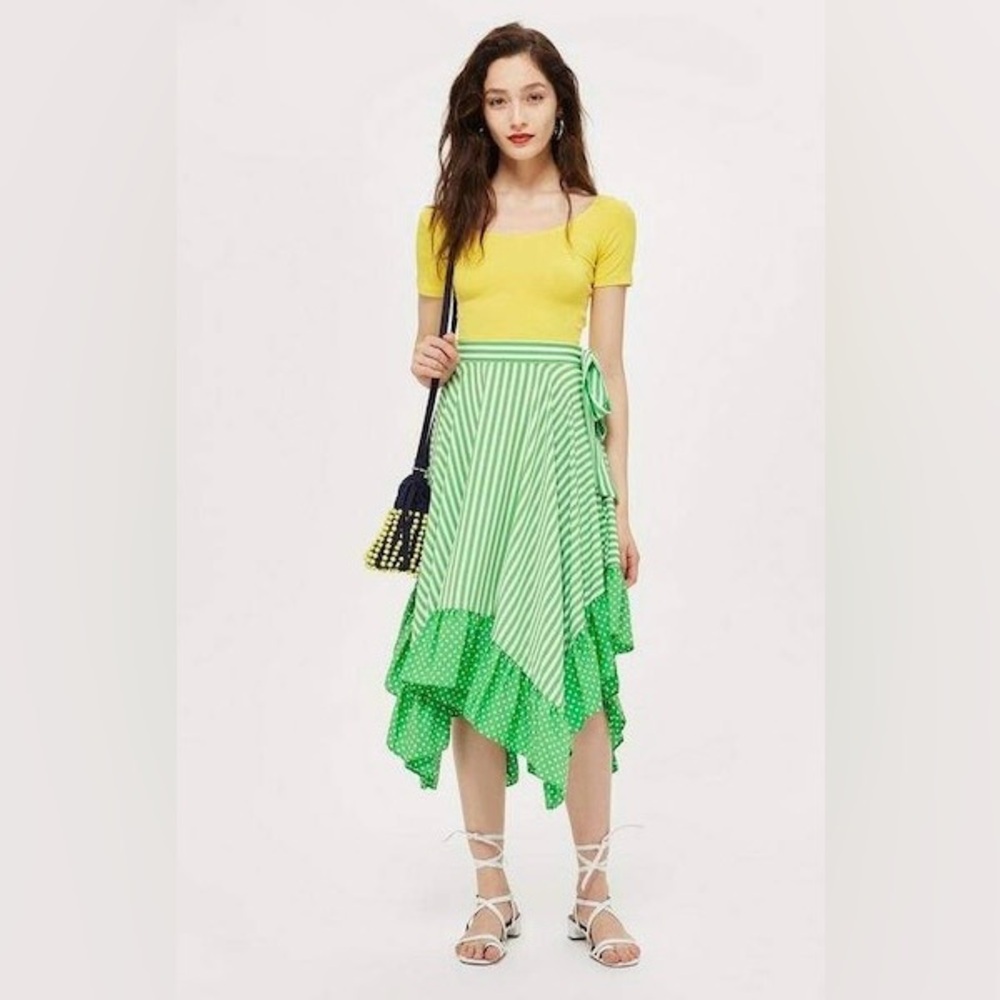 Topshop white and green polka dots and stripes asymmetrical ruffle midi skirt